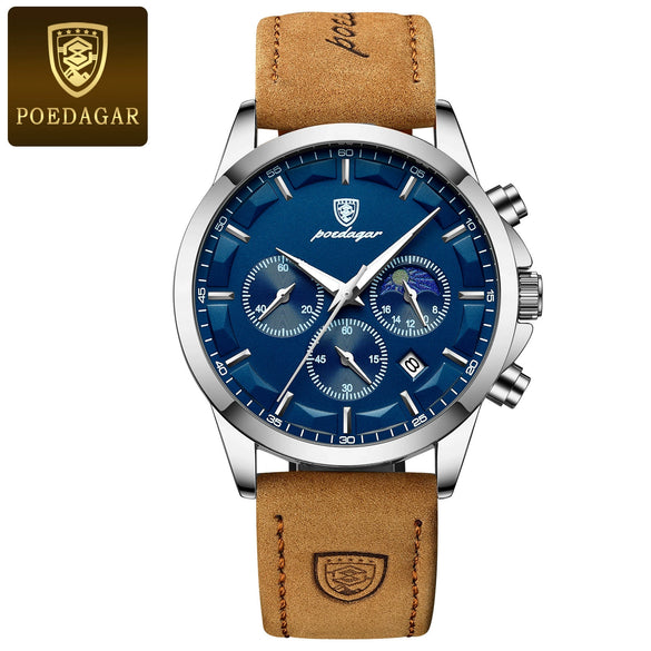 Men's Sports Watch Alloy Case Genuine Leather Strap Round Dial Waterproof Quartz
