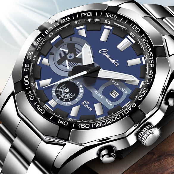 Men's Sports Watch Alloy Stainless Steel Round Dial Waterproof Luminous Onion Crown