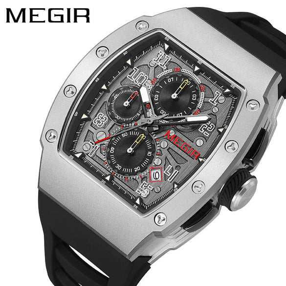 Men's Sports Watch Barrelshaped 316 Stainless Steel Case Silicone Strap Mineral Reinforced Glass Mirror