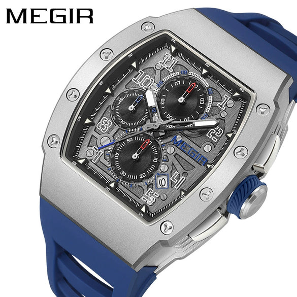 Men's Sports Watch Barrelshaped 316 Stainless Steel Case Silicone Strap Mineral Reinforced Glass Mirror