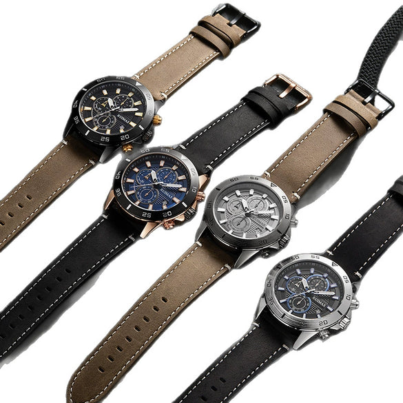 Men's Sports Watch Chronograph Calendar Luminous Waterproof Genuine Leather Strap Alloy Case Round Dial