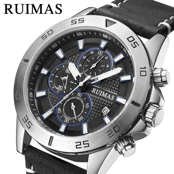 Men's Sports Watch Chronograph Calendar Luminous Waterproof Genuine Leather Strap Alloy Case Round Dial