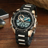 Men's Sports Watch Metal Case Mineral Strengthened Glass Mirror Silicone Metal Strap Round Dial Waterproof Multifunction Dual Display