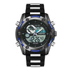 Men's Sports Watch Metal Case Mineral Strengthened Glass Mirror Silicone Metal Strap Round Dial Waterproof Multifunction Dual Display