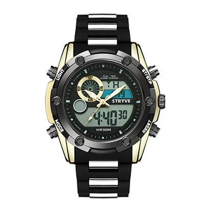 Men's Sports Watch Metal Case Mineral Strengthened Glass Mirror Silicone Metal Strap Round Dial Waterproof Multifunction Dual Display