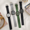 Men's Square Alloy Case And Silicone Strap Fashion Retro Quartz Watch With Stainless Steel Pin Buckle And Spiral Crown