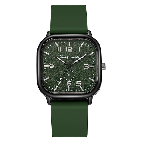 Men's Square Alloy Case And Silicone Strap Fashion Retro Quartz Watch With Stainless Steel Pin Buckle And Spiral Crown