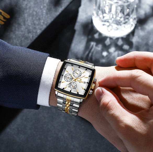 Men's Square Quartz Watch Business Style Alloy Case Stainless Steel Strap Waterproof Luminous Calendar Multi Function Timing