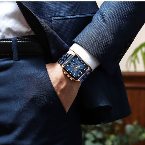 Men's Square Quartz Watch Business Style Alloy Case Stainless Steel Strap Waterproof Luminous Calendar Multi Function Timing