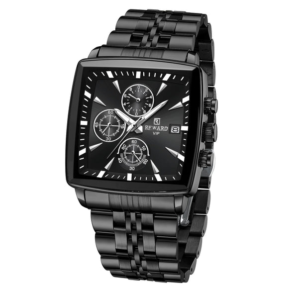 Men's Square Quartz Watch Business Style Alloy Case Stainless Steel Strap Waterproof Luminous Calendar Multi Function Timing