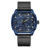 Men's Square Sports Watch Alloy Case Genuine Leather Strap Mineral Strengthened Glass Mirror Waterproof Luminous