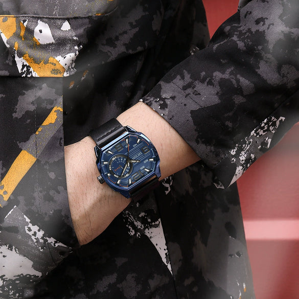 Men's Square Sports Watch Alloy Case Genuine Leather Strap Mineral Strengthened Glass Mirror Waterproof Luminous