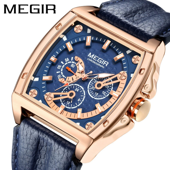 Men's Square Waterproof Luminous Leather Sport Quartz Watch Made Of Alloy And Genuine Leather
