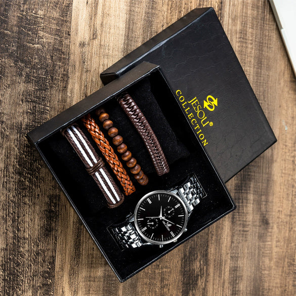 Men's Stainless Steel Alloy Quartz Watch And Bracelet Set Square Dial Leisure Style