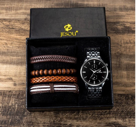 Men's Stainless Steel Alloy Quartz Watch And Bracelet Set Square Dial Leisure Style