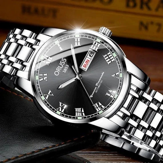 Men's Stainless Steel And Alloy Watch With Automatic Movement Waterproof Luminous Calendar Round Dial Spiral Crown Mineral Strengthened Glass Mirror