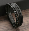 Men's Stainless Steel And Magnetic Material Handwoven Multilayer Leather Bracelet With Geometric Style