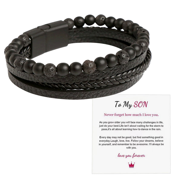 Men's Stainless Steel And Magnetic Material Handwoven Multilayer Leather Bracelet With Geometric Style