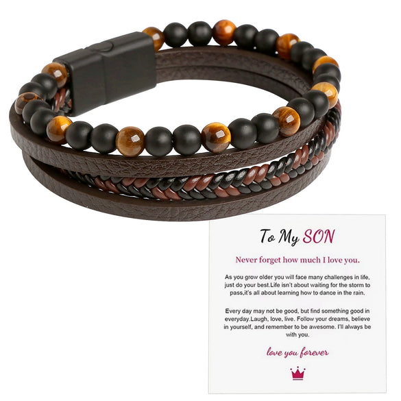 Men's Stainless Steel And Magnetic Material Handwoven Multilayer Leather Bracelet With Geometric Style