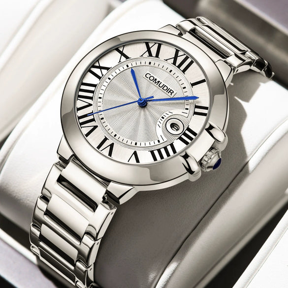 Men's Stainless Steel Automatic Waterproof Business Style Round Dial Imitation Mechanical Watch