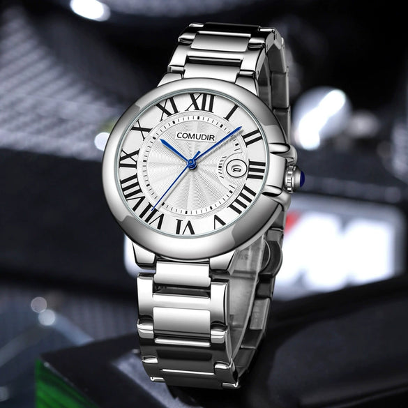 Men's Stainless Steel Automatic Waterproof Business Style Round Dial Imitation Mechanical Watch