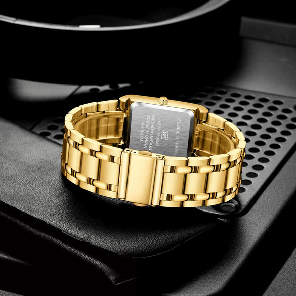 Men's Stainless Steel Band Quartz Watch Rectangular Dial Leisure Style Waterproof