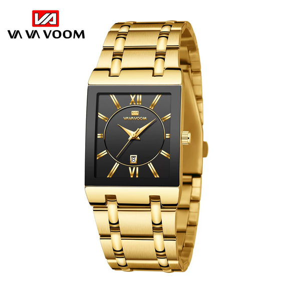 Men's Stainless Steel Band Quartz Watch Rectangular Dial Leisure Style Waterproof