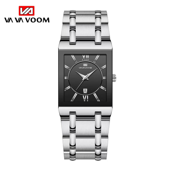Men's Stainless Steel Band Quartz Watch Rectangular Dial Leisure Style Waterproof