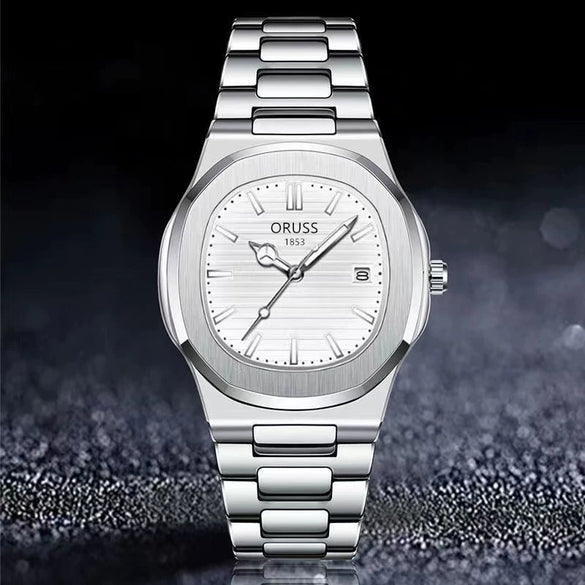 Men's Stainless Steel Band Quartz Watch With Round Dial And Waterproof Feature