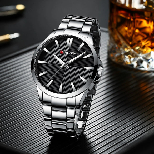 Men's Stainless Steel Band Waterproof Quartz Watch Round Dial Leisure Style