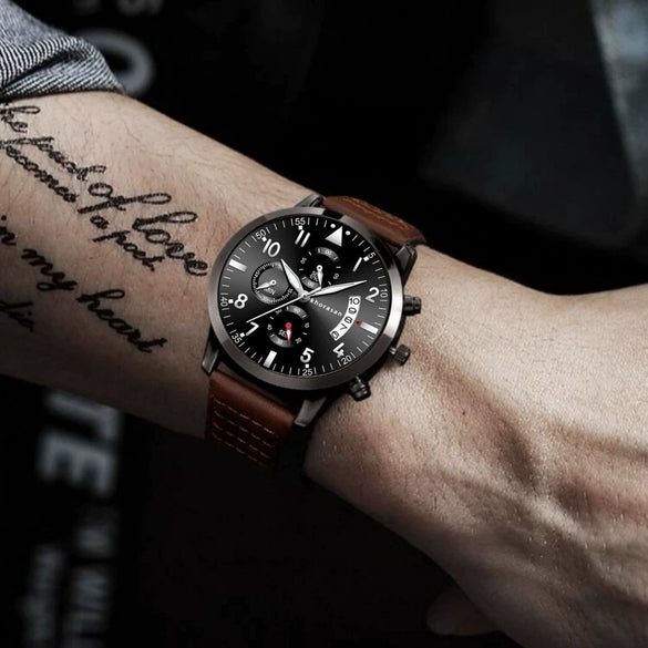 Men's Stainless Steel Belt Watch Round Dial Business Style
