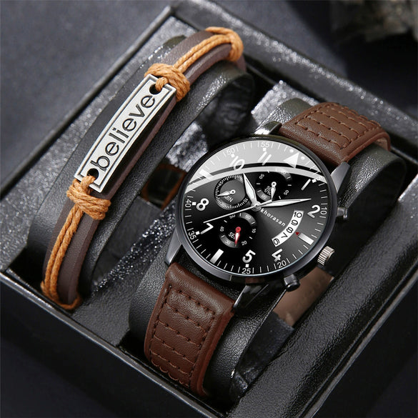 Men's Stainless Steel Belt Watch Round Dial Business Style