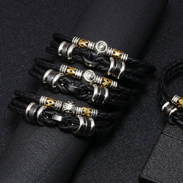 Men's Stainless Steel Buckle Cowhide Rope Woven Twelve Constellation Handmade Bracelet