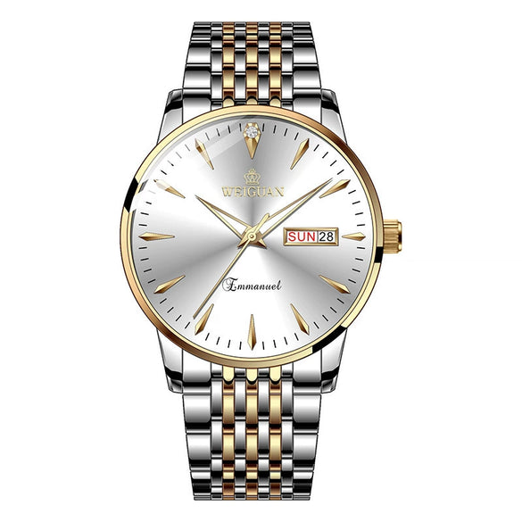 Men's Stainless Steel Business Quartz Watch Full Automatic Double Calendar Luminous Waterproof Round Dial