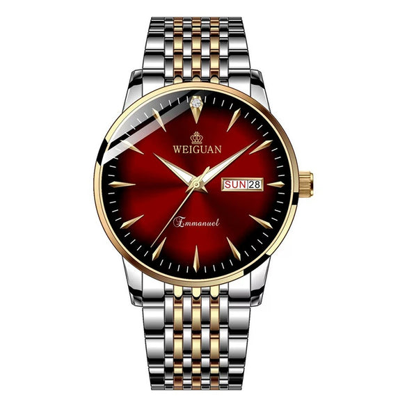 Men's Stainless Steel Business Quartz Watch Full Automatic Double Calendar Luminous Waterproof Round Dial