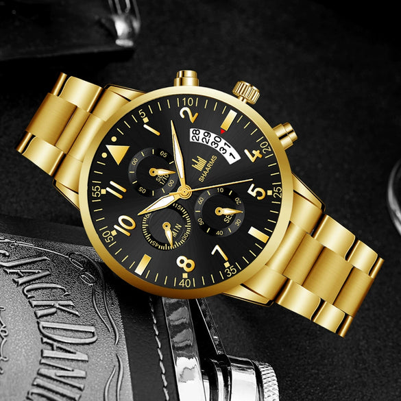Men's Stainless Steel Business Quartz Watch With Round Dial And Fake Threeeye Design