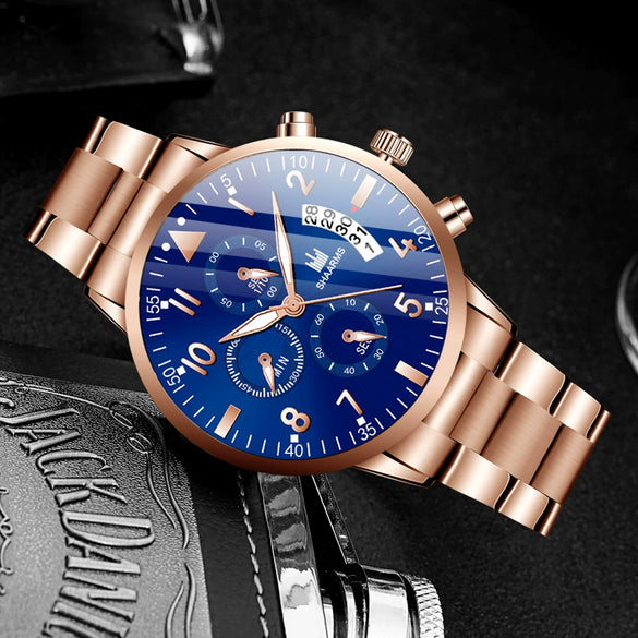 Men's Stainless Steel Business Quartz Watch With Round Dial And Printed Logo