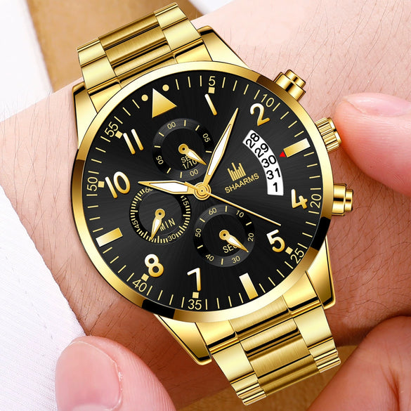 Men's Stainless Steel Business Quartz Watch With Round Dial And Printed Logo