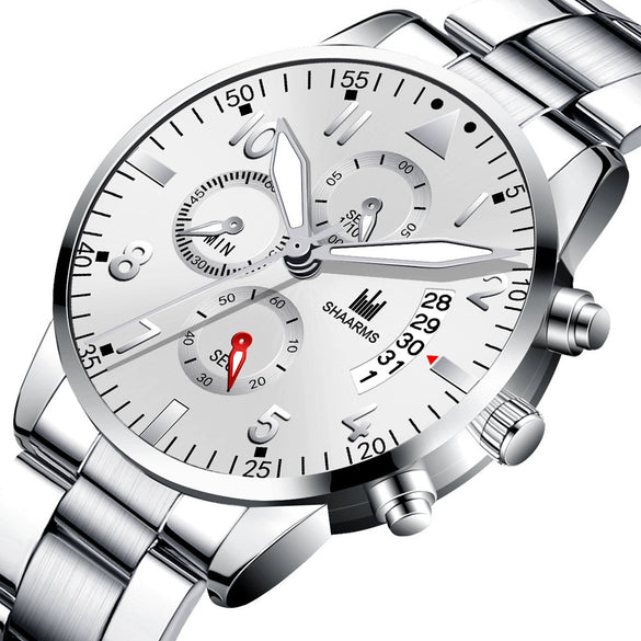 Men's Stainless Steel Business Quartz Watch With Round Dial And Printed Logo