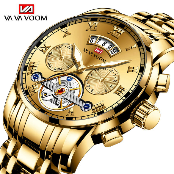 Men's Stainless Steel Business Round Dial Waterproof Quartz And Tourbillon Watch