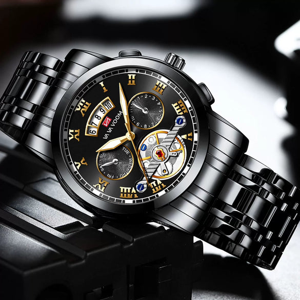 Men's Stainless Steel Business Round Dial Waterproof Quartz And Tourbillon Watch