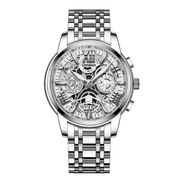 Men's Stainless Steel Business Round Quartz Automatic Watch With Luminous Calendar Waterproof And Hollow Design