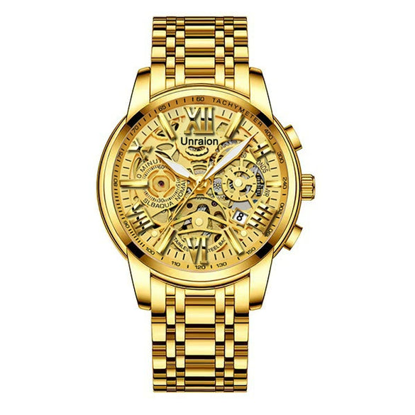 Men's Stainless Steel Business Round Quartz Automatic Watch With Luminous Calendar Waterproof And Hollow Design