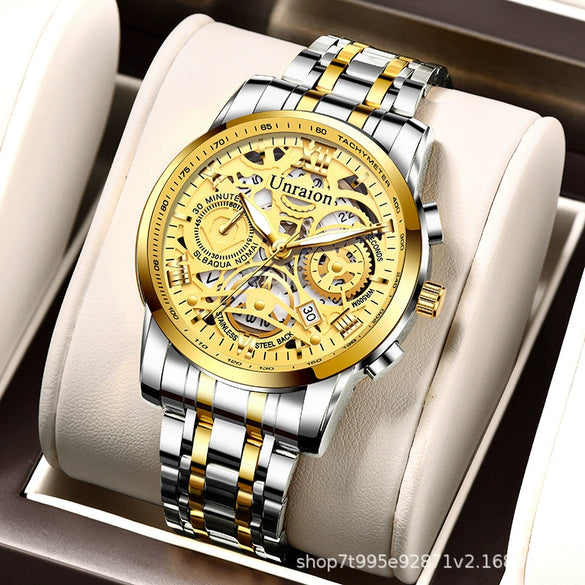 Men's Stainless Steel Business Round Quartz Automatic Watch With Luminous Calendar Waterproof And Hollow Design