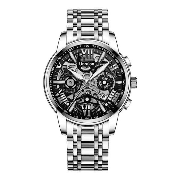 Men's Stainless Steel Business Round Quartz Automatic Watch With Luminous Calendar Waterproof And Hollow Design