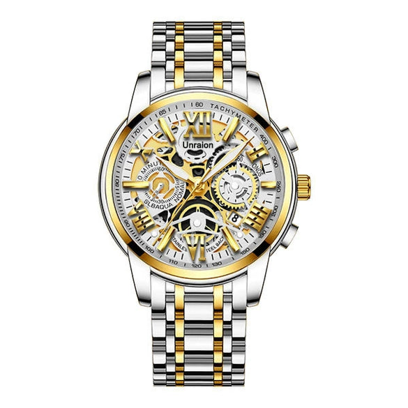 Men's Stainless Steel Business Round Quartz Automatic Watch With Luminous Calendar Waterproof And Hollow Design