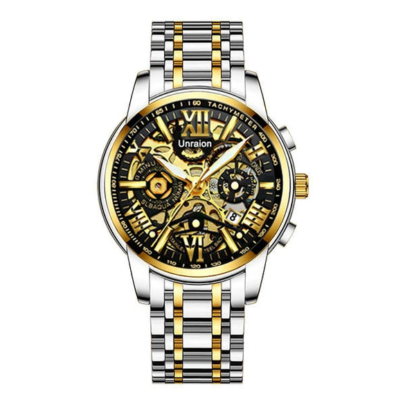 Men's Stainless Steel Business Round Quartz Automatic Watch With Luminous Calendar Waterproof And Hollow Design