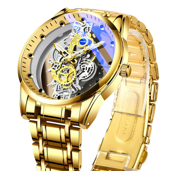 Men's Stainless Steel Doublesided Transparent Hollow Automatic Waterproof Luminous Quartz Watch With Round Dial