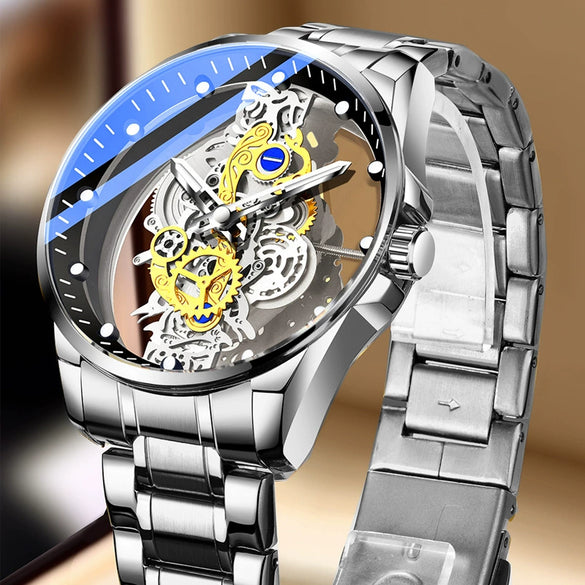 Men's Stainless Steel Doublesided Transparent Hollow Automatic Waterproof Luminous Quartz Watch With Round Dial
