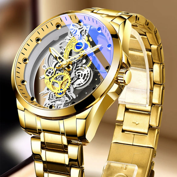 Men's Stainless Steel Doublesided Transparent Hollow Automatic Waterproof Luminous Quartz Watch With Round Dial